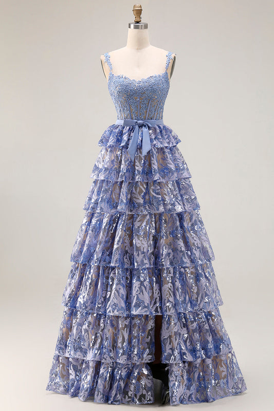 Grey Blue A-Line Tiered Sequin Beaded Long Prom Dress with Slit
