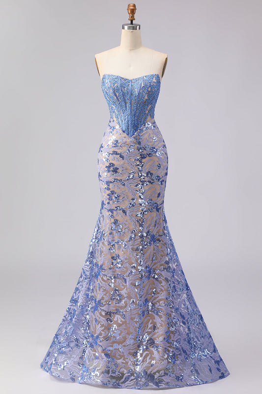 Robe de bal longue sirène corset sans bretelles bleu gris avec sequins