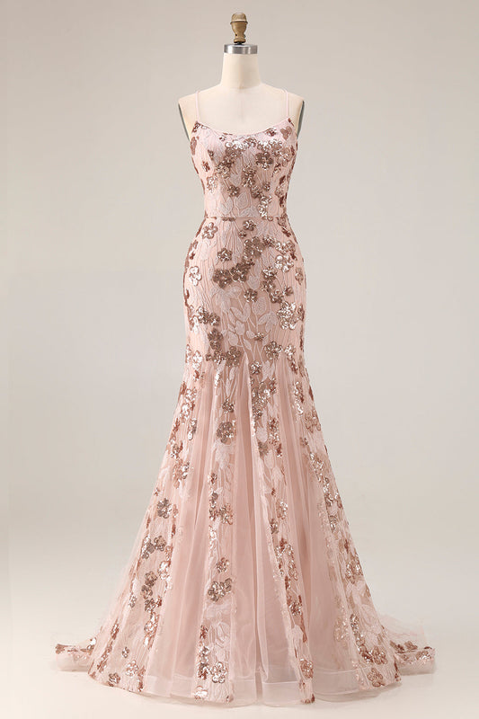 Robe de bal longue sirène dorée rose étincelante avec laçage au dos et paillettes