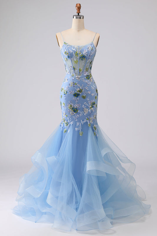 Blue Sheer Corset Mermaid Embroidered Long Prom Dress with Lace Up Back