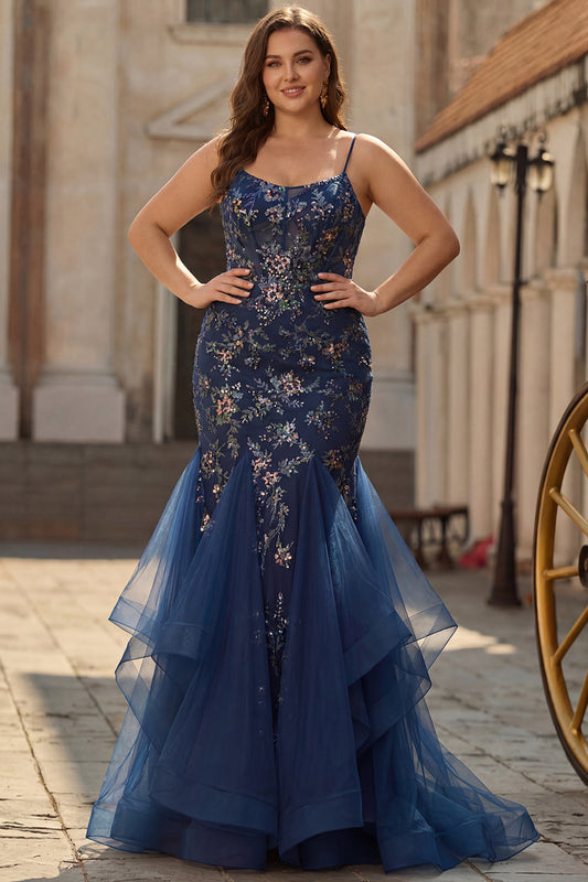 Robe de bal longue grande taille style corset brodé de couleur bleu marine avec dos lacé