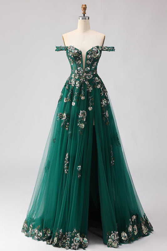 Robe de soirée longue trapèze vert foncé à sequins, avec corset et épaules dénudées