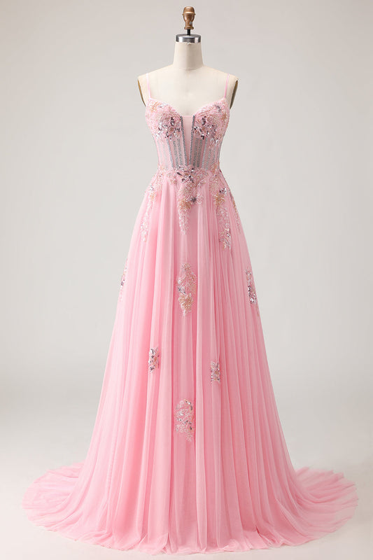 Pink A Line Corset Beaded Sequins Appliqued Long Prom Dress with Lace Up Back