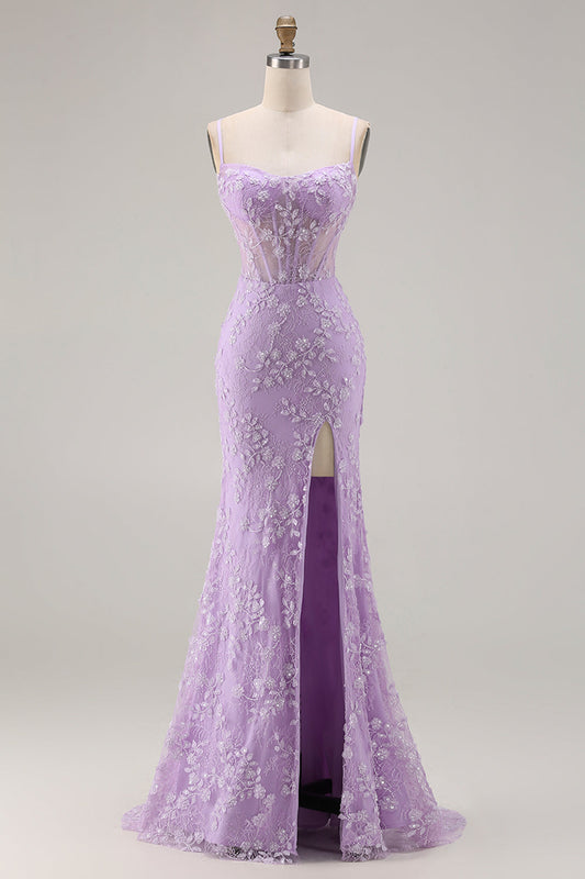 Robe longue de bal sirène violette transparente à fines bretelles avec corset, dentelle, perles et fente