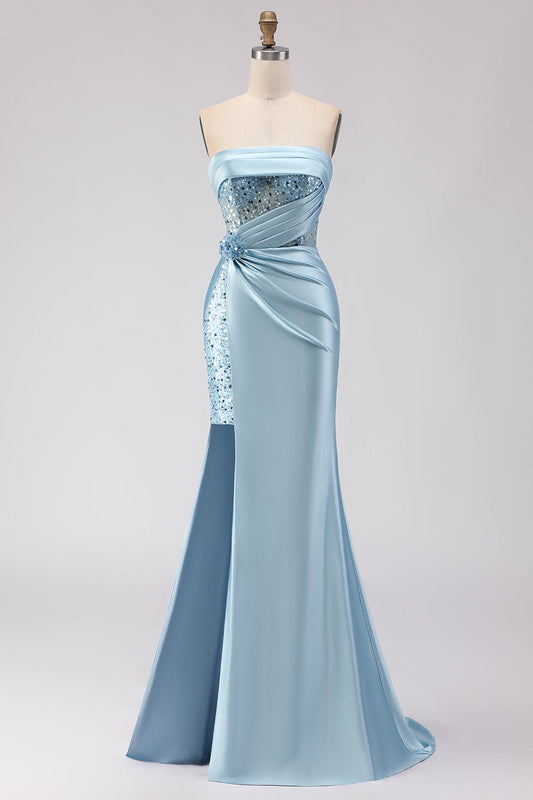 Robe de soirée longue sirène bustier bleue fendue avec fleurs 3D et sequins