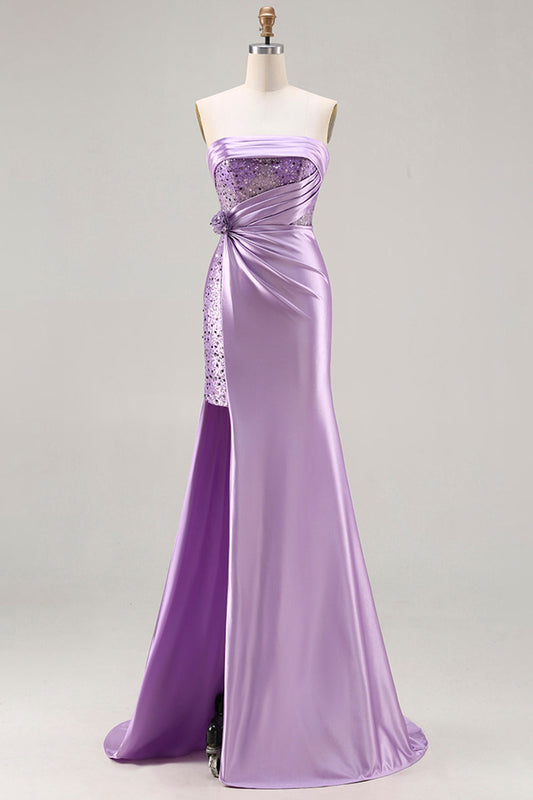 Robe de bal longue sirène violette bustier avec fleurs 3D, sequins et fente