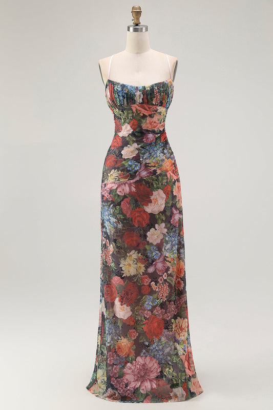 Robe fourreau à fines bretelles avec motif floral, fronces et laçage au dos pour invitée de mariage