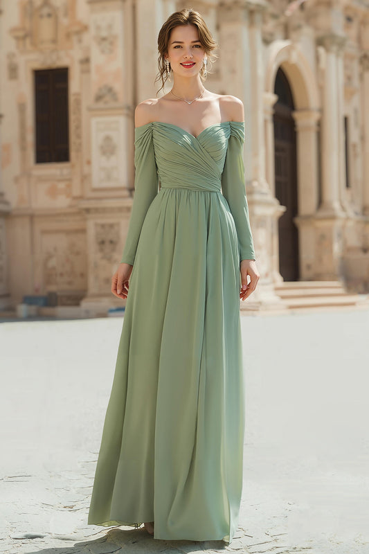 Robe de Demoiselle d'Honneur Vert Sauge en Mousseline de Soie, Coupe Trapèze, Épaules Dénudées, Manches Longues