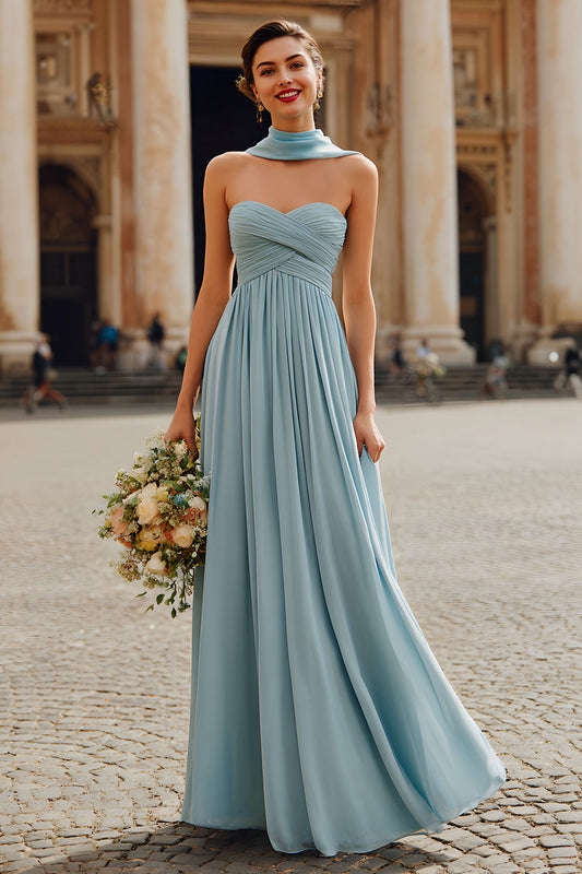 Robe de Demoiselle d'Honneur Longue en Mousseline de Soie Bleu Poussière sans Bretelles avec Écharpe au Cou Coupe A-ligne