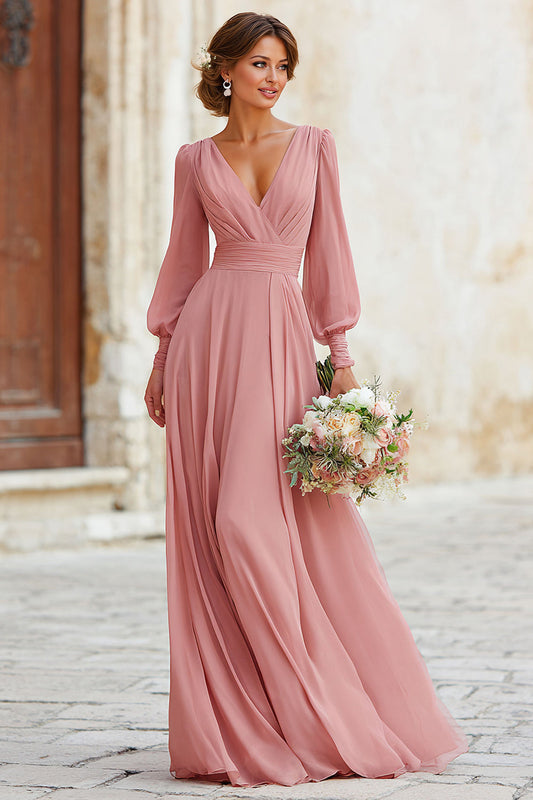 Robe de demoiselle d'honneur longue évasée rose poudré à col V et manches