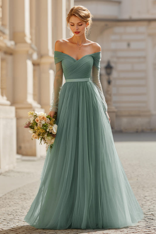 Robe de demoiselle d'honneur longue ligne A avec manches et épaules dénudées Eucalyptus