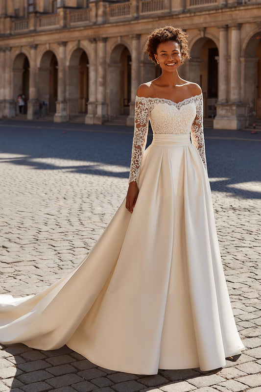 Ivory Satin Princess Long Sleeves Court Train Wedding Dress with Lace
