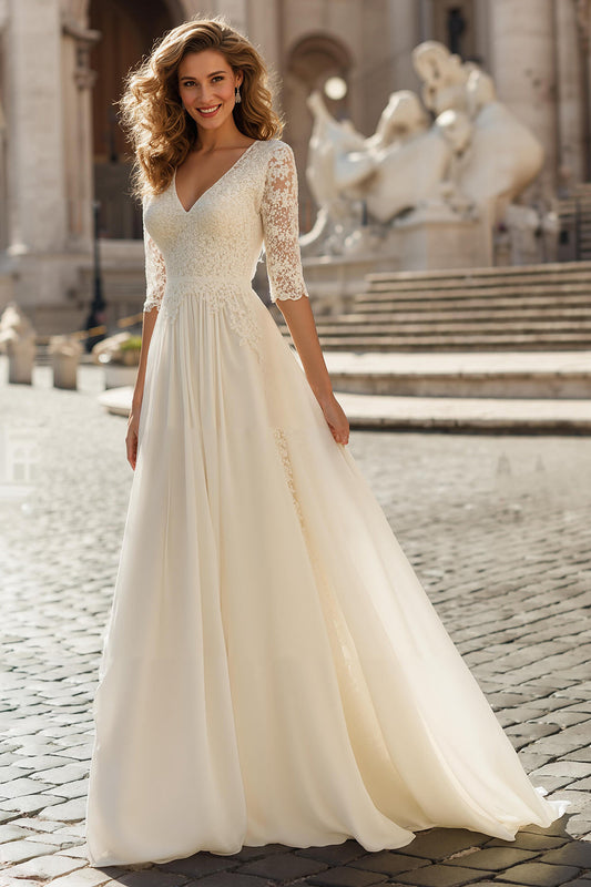 Ivory V-Neck A-Line Maxi Wedding Dress with Lace