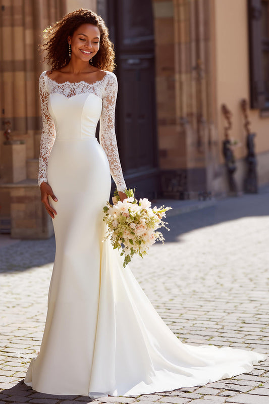 Vestido de novia de sirena blanca con cola larga y mangas largas de encaje