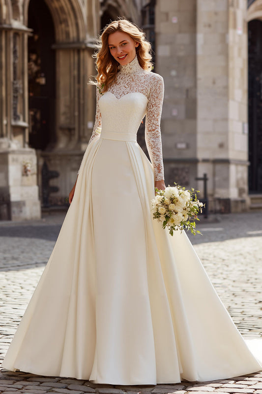 Ivory High Neck Sweep Train A Line Wedding Dress with Lace