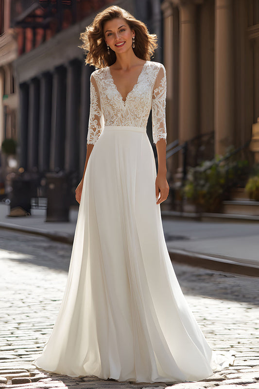Ivory A-Line V-Neck Sweep Train Wedding Dress with Lace