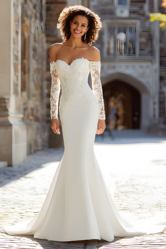 White Mermaid Off-the-Shoulder Lace Appliquéd Sweep Train Wedding Dress
