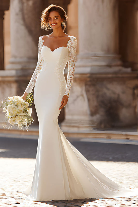 Vestido de novia cola capilla sirena de encaje blanco con apliques