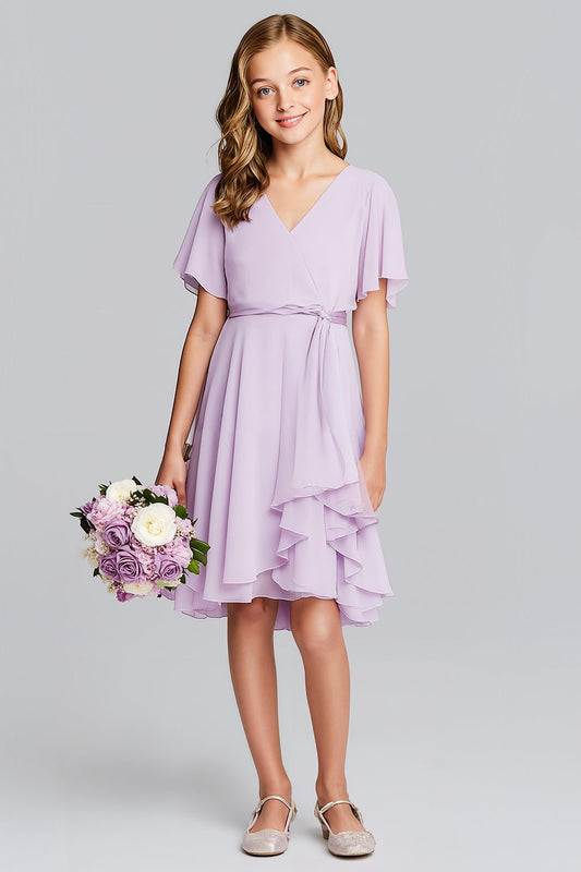 Robe de demoiselle d'honneur junior midi évasée en mousseline violette à encolure en V et manches courtes