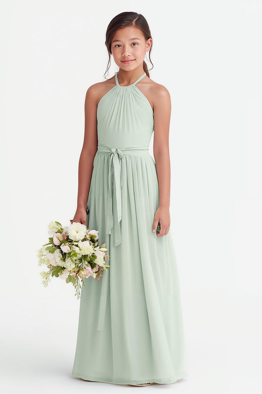 Robe de demoiselle d'honneur longue A-line en mousseline vert sauge à col halter pour adolescente