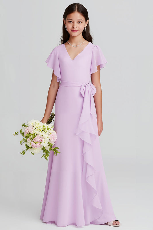Robe de Demoiselle d'honneur Courte en Mousseline de Soie avec Col en V, Coupe Droite, Manches Courtes, Longue, Pour Junior, Couleur Violette