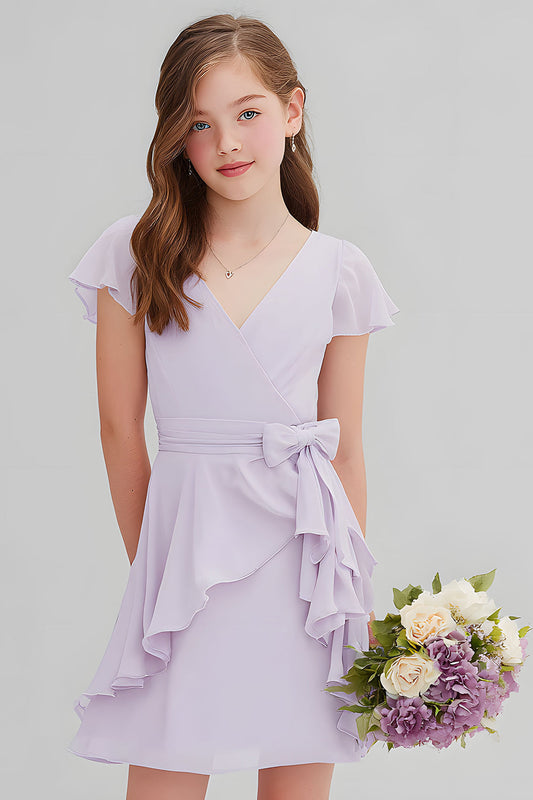 Robe courte de demoiselle d'honneur junior évasée en mousseline violette avec décolleté en V et volants