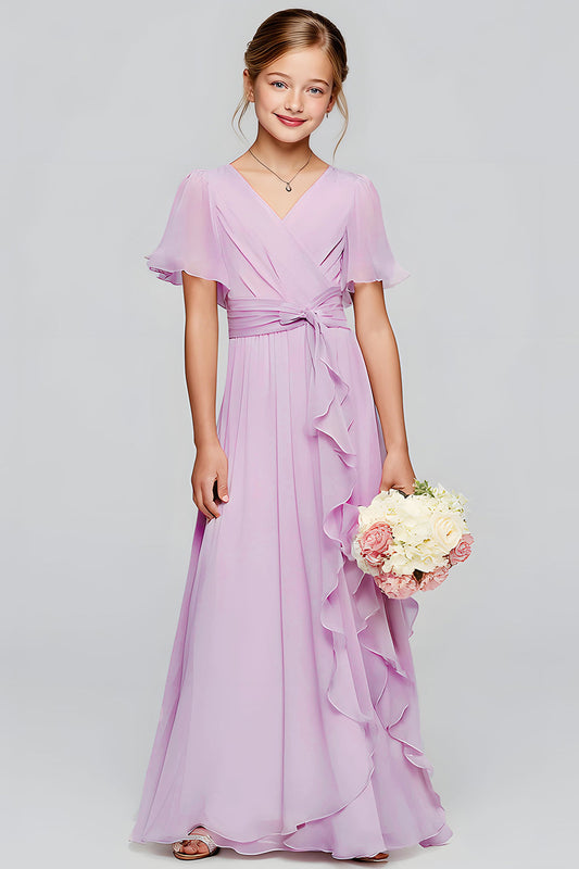 Robe de demoiselle d'honneur longue junior violette en mousseline à encolure en V et ligne A avec manches courtes