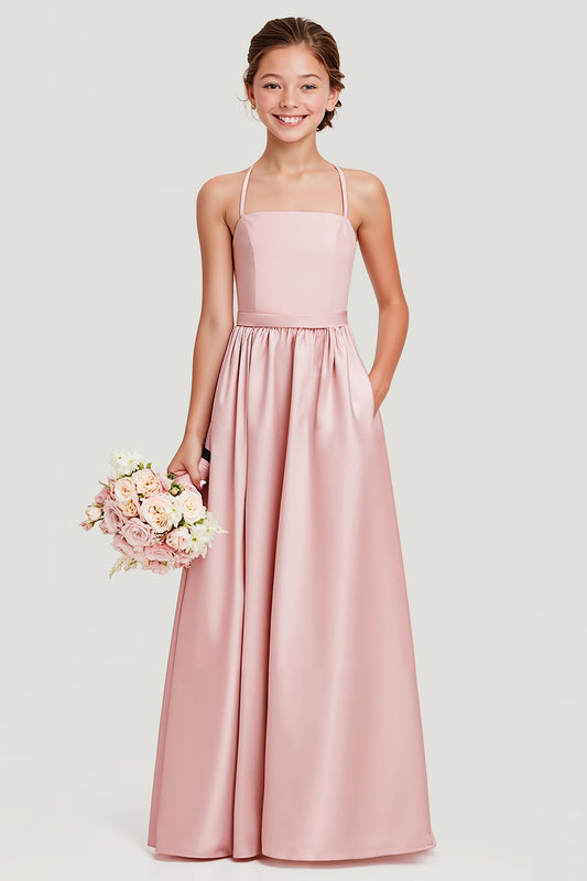 Robe de demoiselle d'honneur longue en satin coupe trapèze à fines bretelles et blush simple