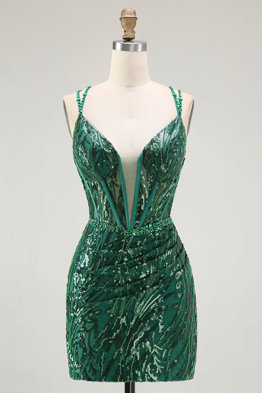 Robe de bal courte moulante vert foncé brillante sans dos avec corset et sequins