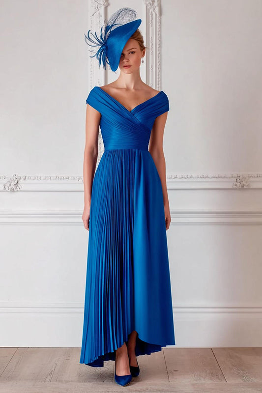 Royal Blue Off-the-Shoulder Satin A-Line Mother of the Bride Dress