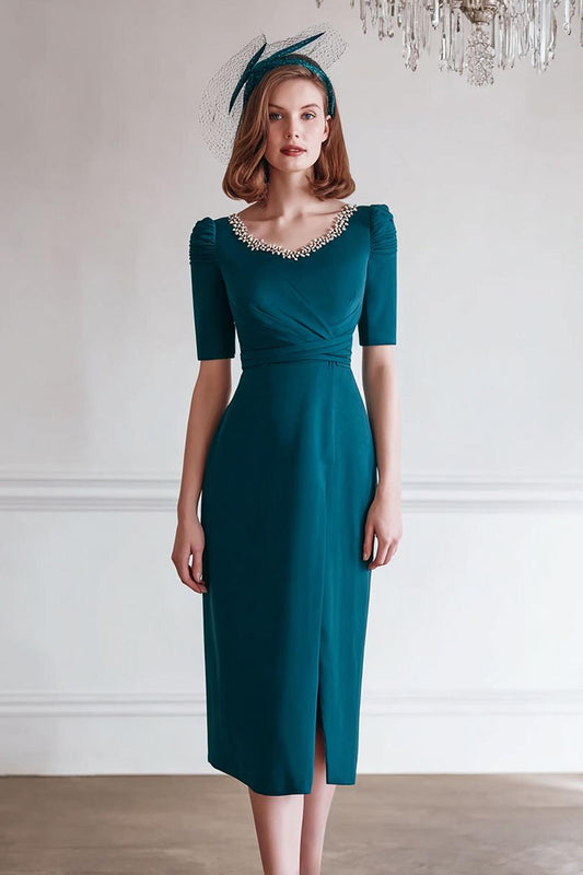 Robe fourreau en mousseline bleu paon, col bateau, fendue, pour mère de la mariée