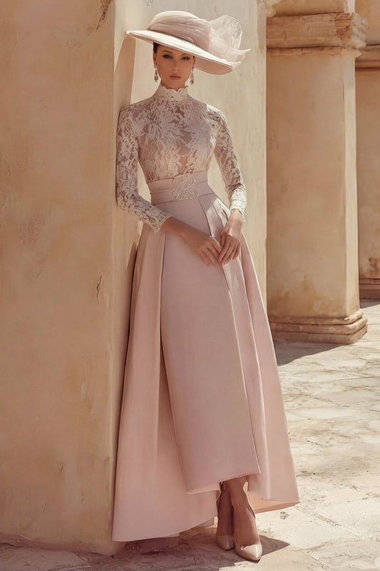 Robe longue trapèze rose bonbon à col montant et dentelle pour mère de la mariée