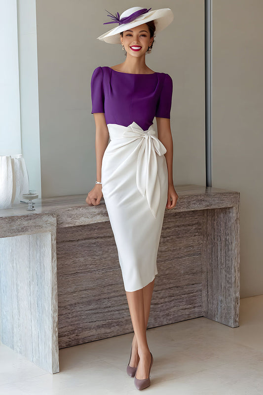 Robe de mariée mi-longue en mousseline de soie à col bateau coupe crayon avec nœud couleur raisin