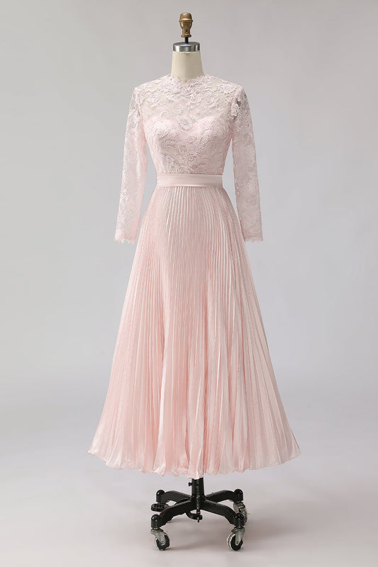Blush Pink Chiffon Pleated A Line Midi Mother of the Bride Dress with Lace
