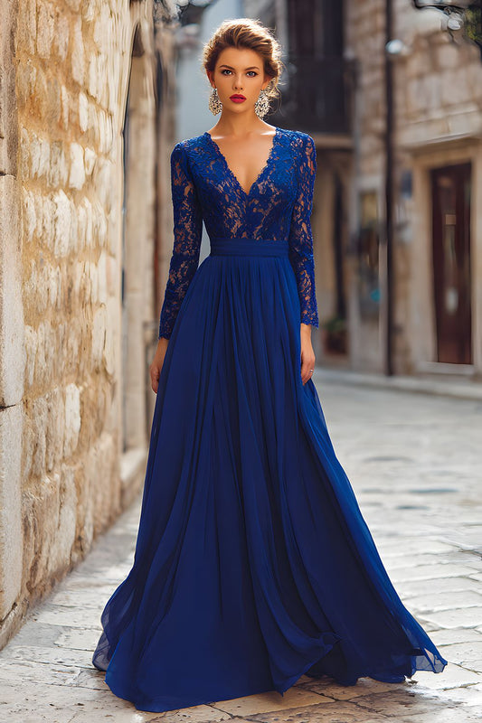 Robe bleu foncé en mousseline de soie col en V à manches longues pour mère de la mariée avec dentelle