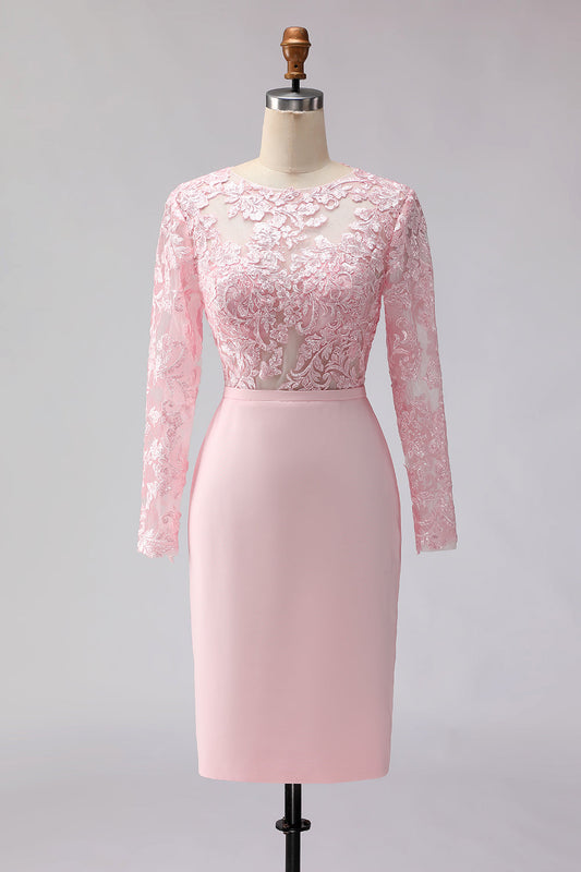 Blush Pink Appliqued Sheath Boat Neck Midi Mother of the Bride Dress with Sleeves