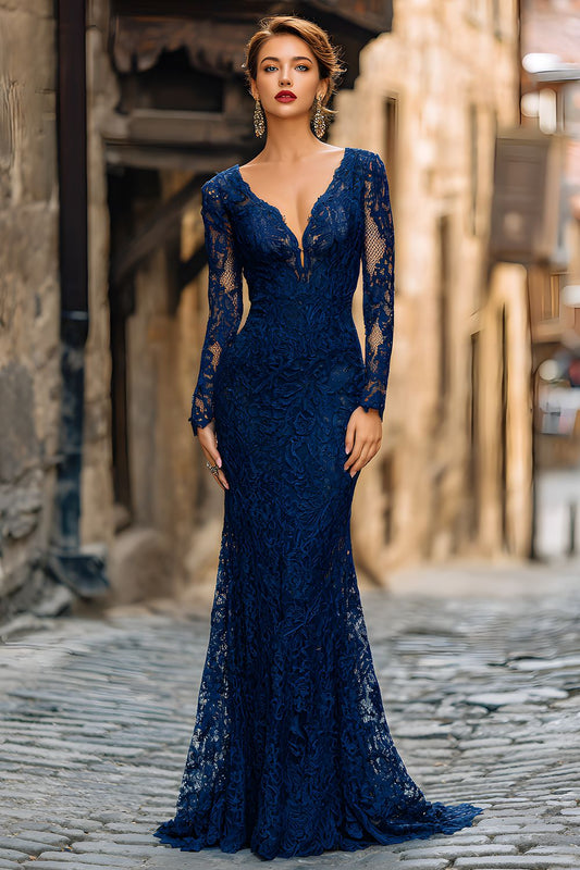 Robe longue de mère de la mariée sirène, bleu marine, en dentelle, décolleté en V avec manches