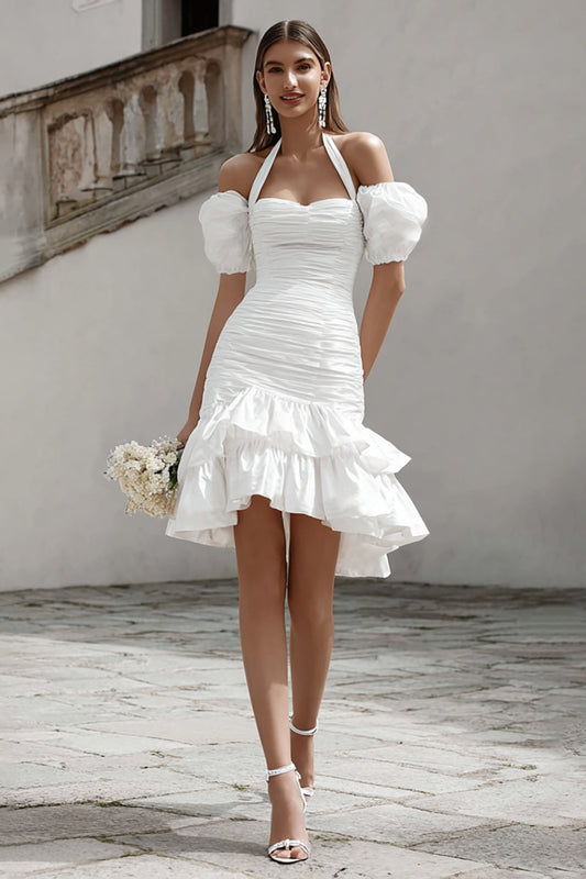 Robe de fiançailles courte ajustée ivoire à volants et licou