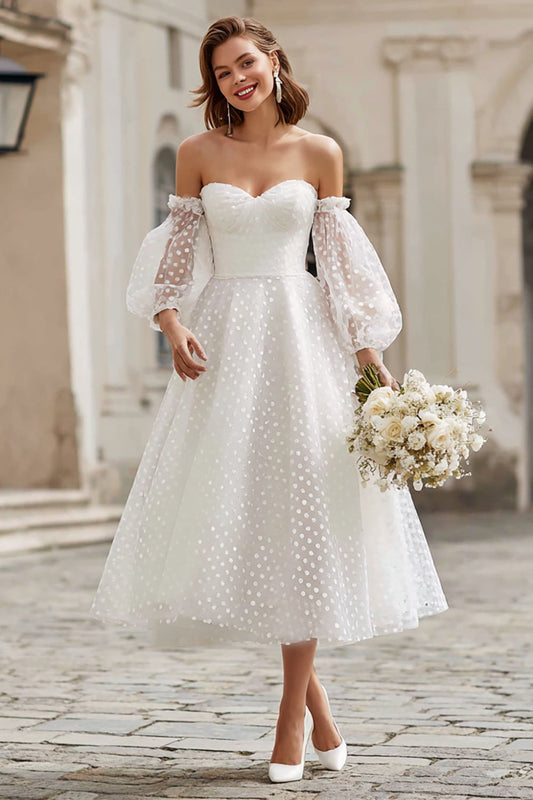 Ivory Tulle A-Line Off-the-Shoulder Tea-Length Wedding Dress