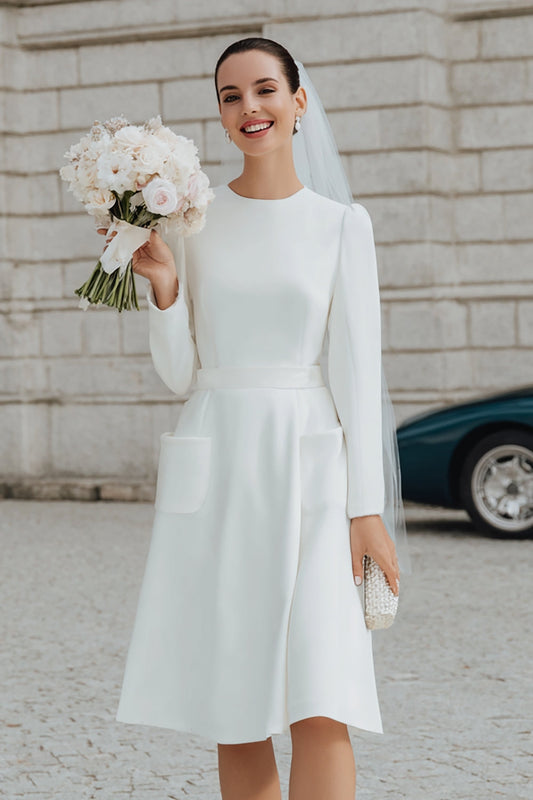 Ivory Crepe A-Line Long-Sleeve Midi Wedding Dress with Pockets