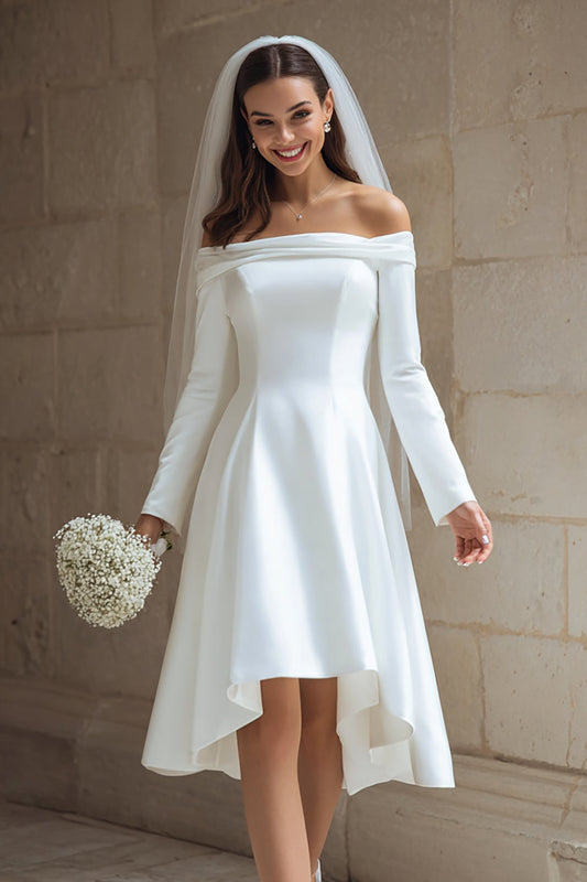 Ivory Satin A Line Off The Shoulder Midi Wedding Dress with Sleeves