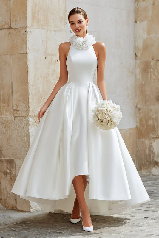 White A-Line Halter Wedding Dress with Ruffles