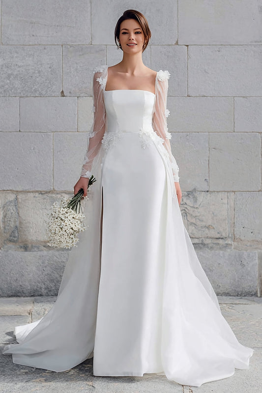 Ivory Square Neck A-Line Sweep Train Wedding Dress with Flowers