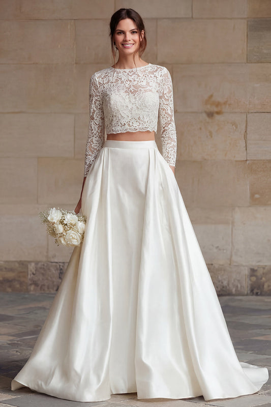 Vestido de Novia de 2 Piezas Línea A con Cuello Barco y Encaje