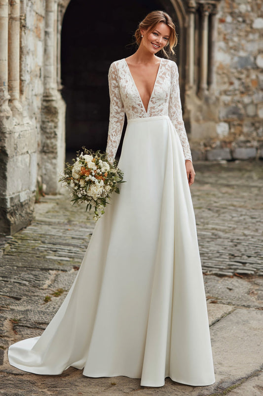Ivory Beach Deep V-Neck A-Line Wedding Dress with Lace