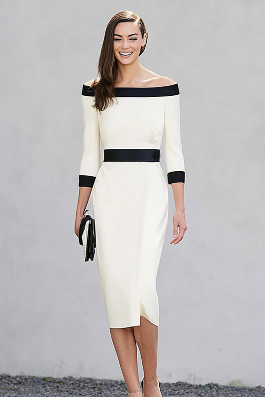 Robe midi de travail fourreau à épaules dénudées noire et blanche