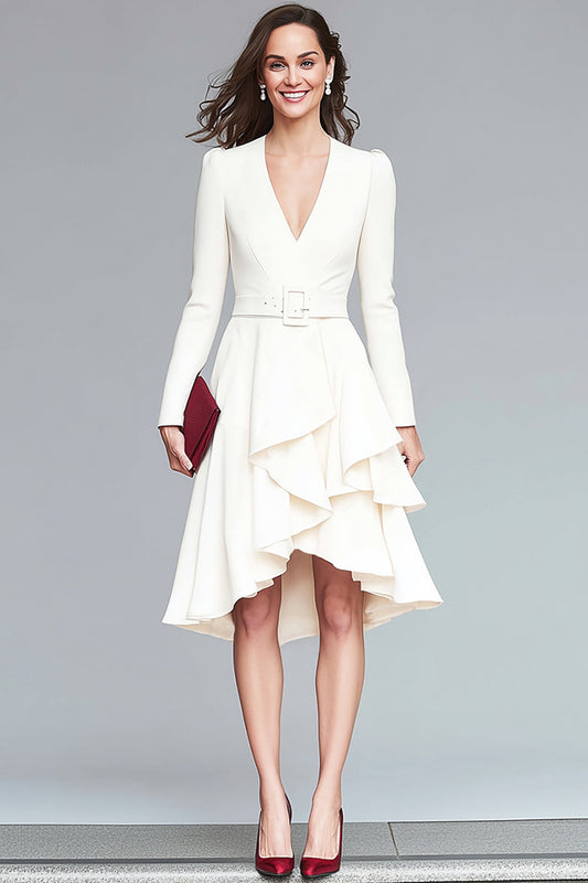 Ivory Ruffled A-Line V-Neck Midi Work Dress with Belt