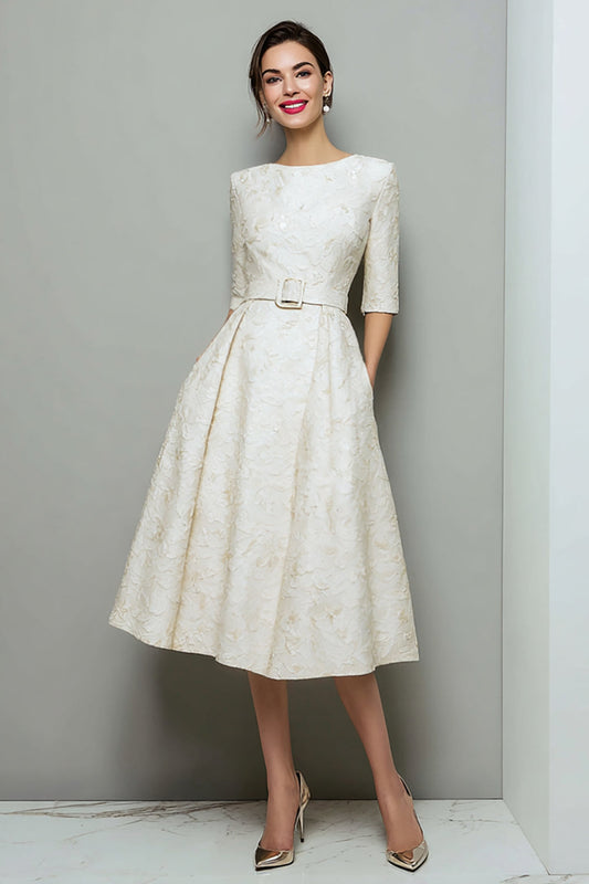 Ivory Jacquard A-Line Midi Work Dress with Belt