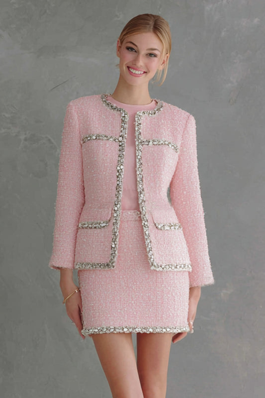 2 Piece Pink Tweed Bodycon Long Sleeve Short Work Dress