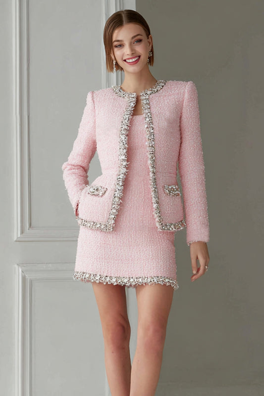 Pink 2-Piece Bodycon Tweed Short Work Dress with Sleeves